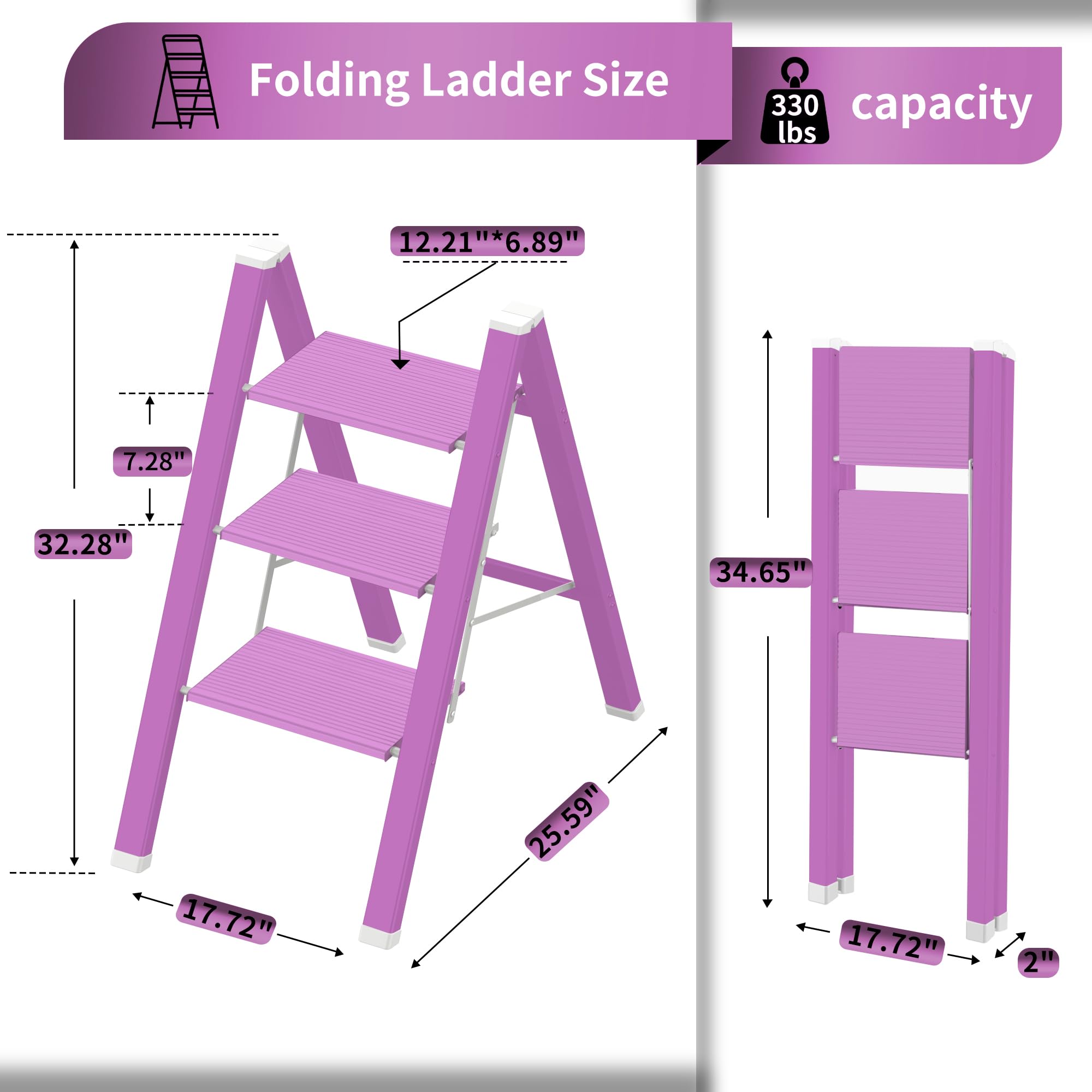 2 Step Lightweight Folding Ladder for Home, 330lbs Aluminum Step Ladder Anti-Slip for Kitchen, Step Stool Foldable Adults for Closet, 330lbs - Black