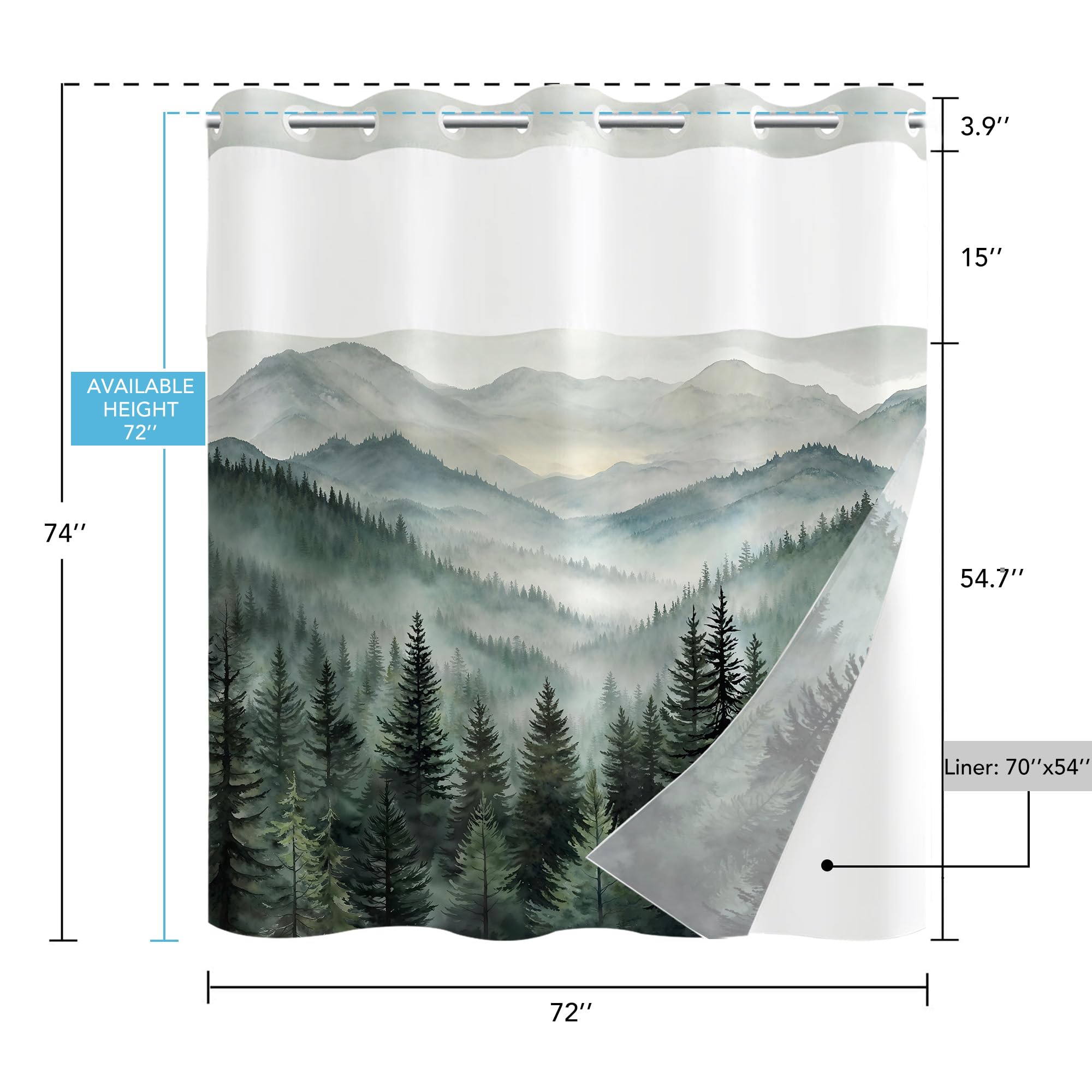 Stall Small Black and White Misty Forest Shower Curtain Ombre Gray Grey Mountain Pine Tree Waterproof Fabric Shower Curtains for Bathroom Nature Woodland Decorative Bath Curtain Decor 36×72 Inches