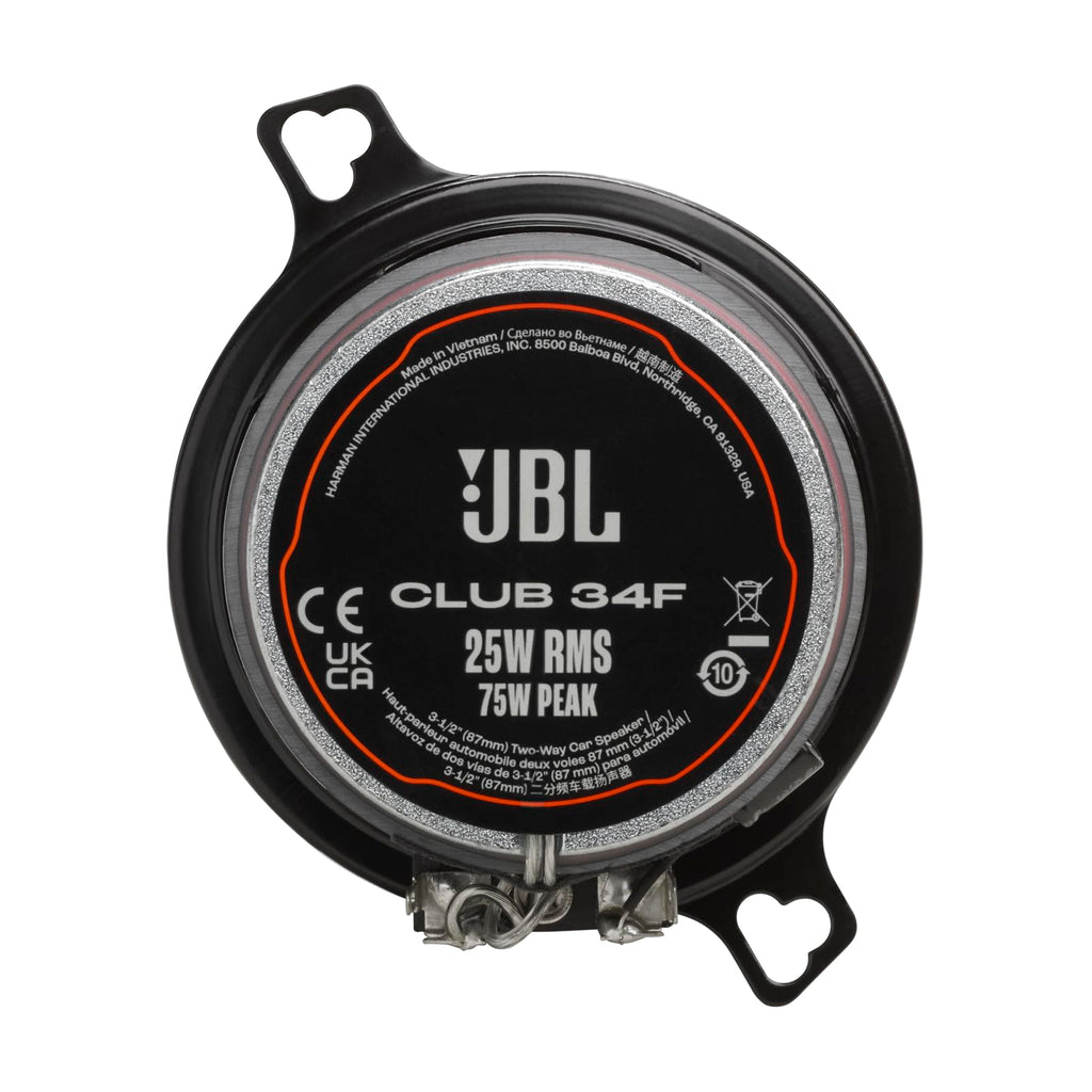 JBL Club 34F - 3-1/2" (87mm) Two-Way Car Speaker, 75 Watts Peak, 25 Watts RMS, Sensitivity (@ 2.83V): 89dB, Frequency Response: 90Hz – 20kHz, Nominal Impedance: 3.0 ohms