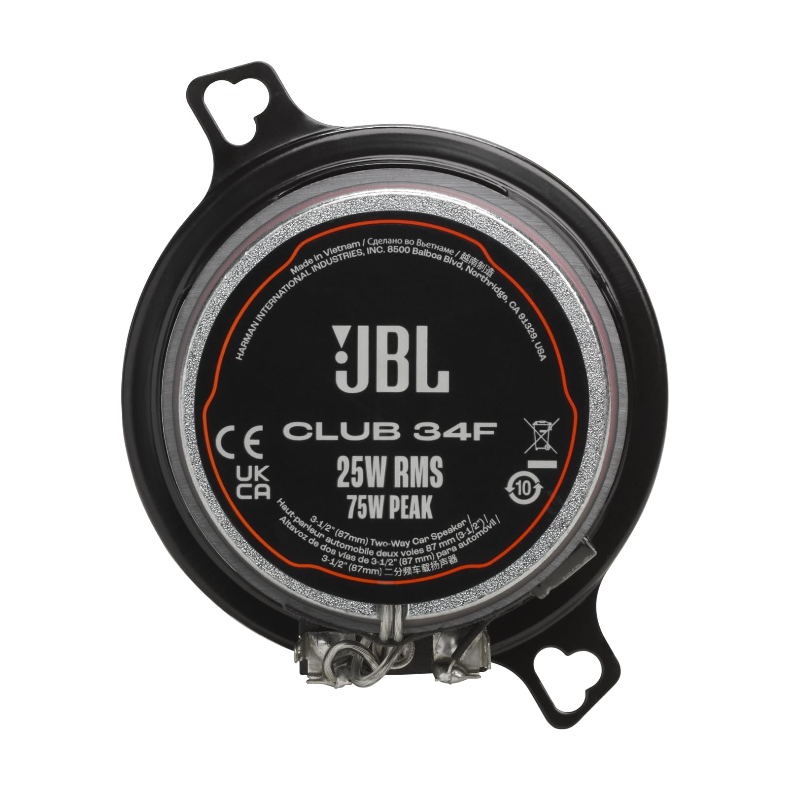 JBL Club 34F - 3-1/2" (87mm) Two-Way Car Speaker, 75 Watts Peak, 25 Watts RMS, Sensitivity (@ 2.83V): 89dB, Frequency Response: 90Hz – 20kHz, Nominal Impedance: 3.0 ohms