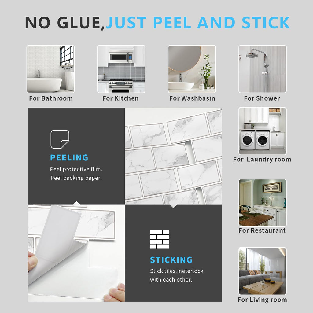 URCOLOR 10-Sheet Back Splashes for Kitchens Peel and Stick,12"x12" Self Adhesive Subway Wall Tiles Stick on backsplash Tiles for Bathroom Black Marble