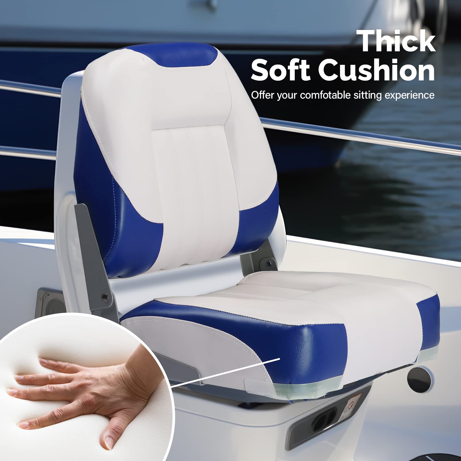 PEXMOR Boat Seats, Low/High Back, Folding, Waterproof, Captain Seat, 2 Packs (High Back-Blue & White)