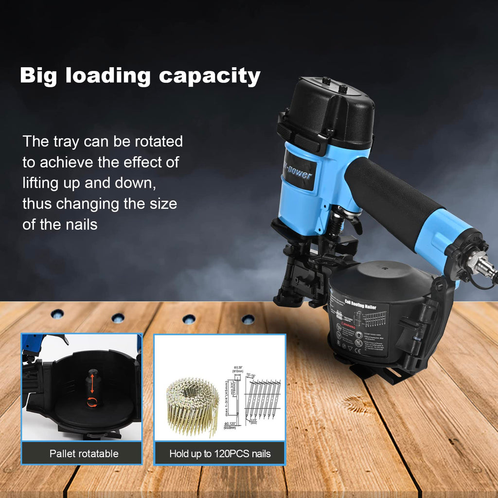 Honduras Style Roofing Nail Gun, 15 Degree CN45N Roofing Nailer 3/4-Inch to 1-3/4-Inch Coil Nails, 120-pcs Load Capacity Coil Nailer
