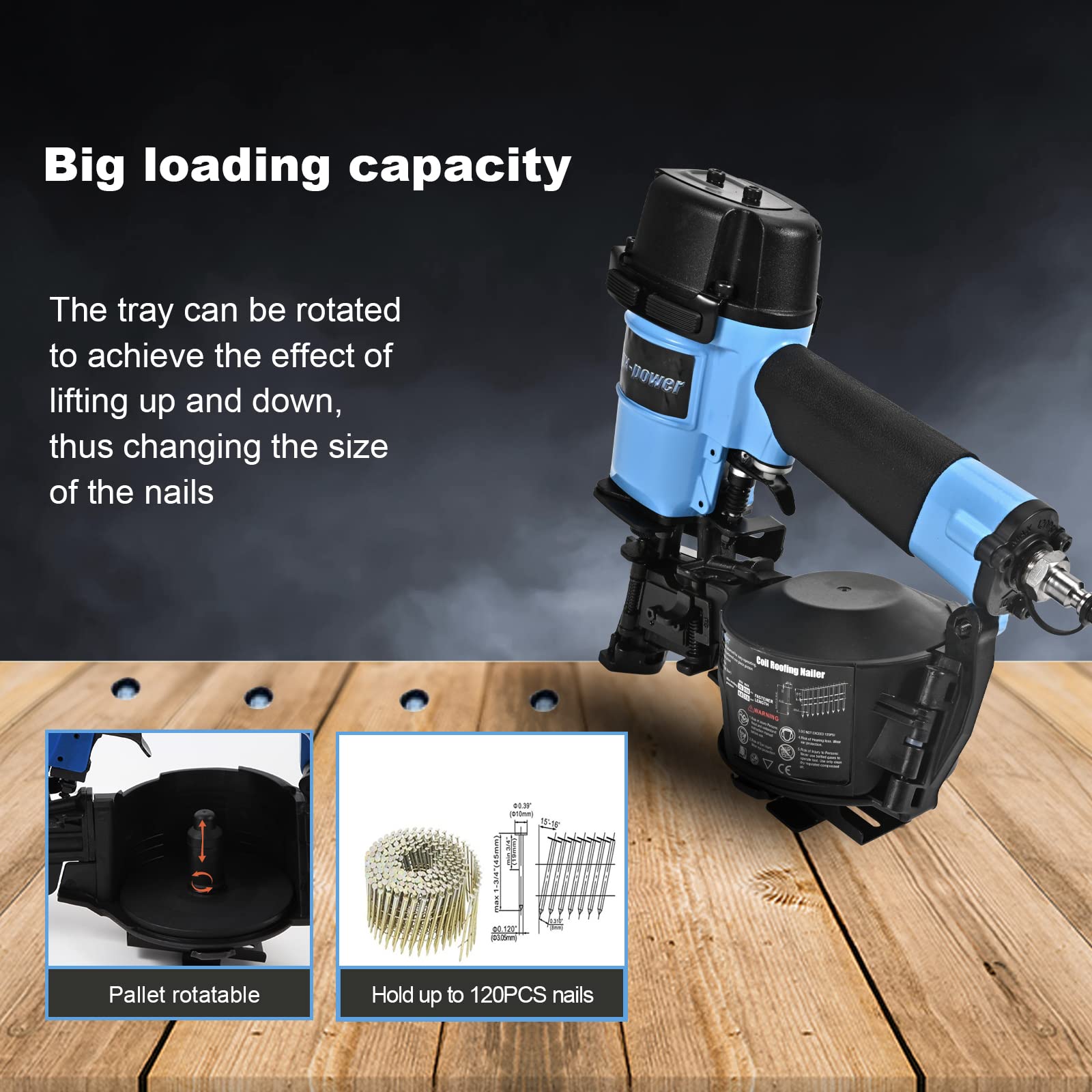 Honduras Style Roofing Nail Gun, 15 Degree CN45N Roofing Nailer 3/4-Inch to 1-3/4-Inch Coil Nails, 120-pcs Load Capacity Coil Nailer