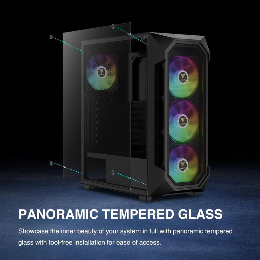GAMDIAS ATX Mid Tower Gaming Computer PC Case Tempered Glass, Built-in 4X 120mm ARGB Case Fans, Front Airflow Mesh, Up to 6x120mm Fans, 340mm GPU/VGA, 360mm AIO/Radiator, 160mm CPU Cooler