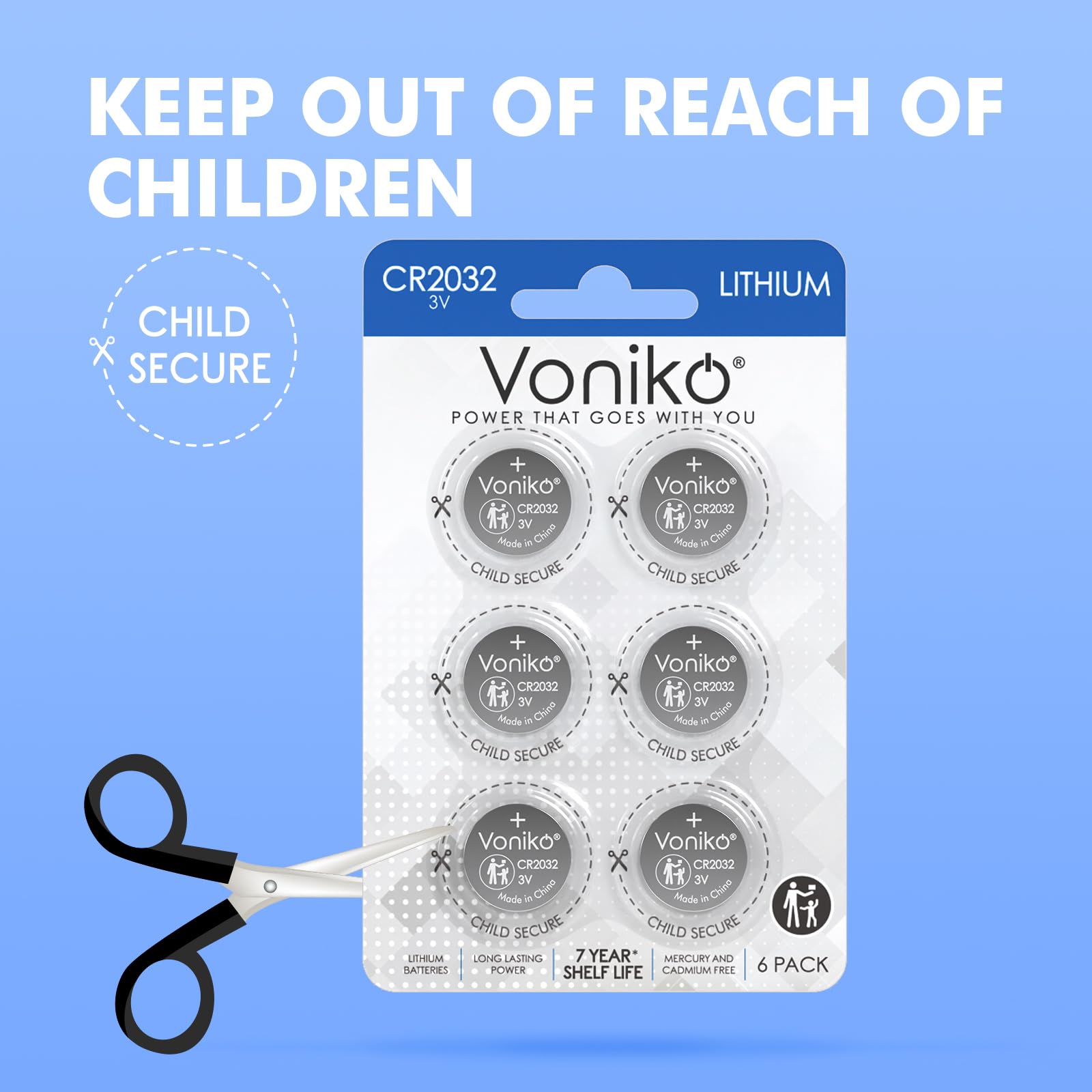 Voniko CR2032 3V Lithium Batteries 6 Pack for Child Safety, Compatible with AirTag, Key Fobs, Thermometers, Scales – 7 Years Shelf Life