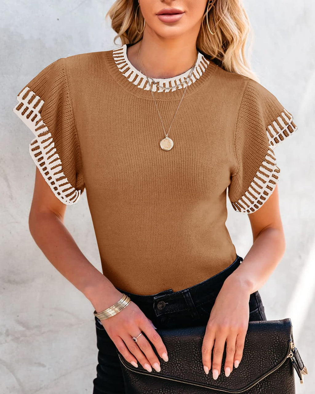 Saodimallsu Womens Short Sleeve Sweaters Tops Summer Ruffle Striped Loose Crew Neck Lightweight Soft Shirts Knit Sweater