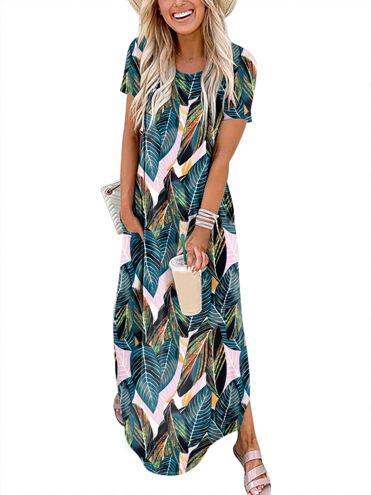 ANRABESS Womens Summer Maxi Dress Short Sleeve Casual Loose Long T Shirt Dresses Split Vacation Beach Sundress Travel Outfits