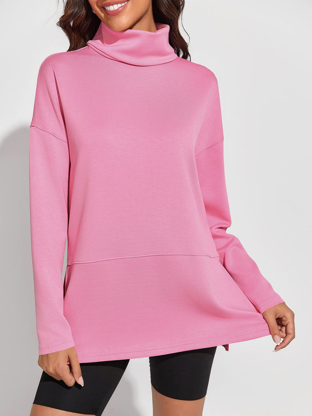 Fisoew Women's Turtleneck Oversized Sweatshirt Casual Long Sleeve Loose Side Slit Pullovers Tunic Tops