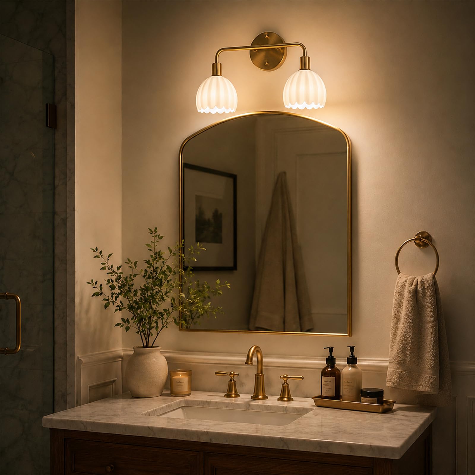 1-Light Gold Brass Bathroom Light Fixture,Wall Sconces set of 2,Brushed Gold Vanlity Light Over Mirror,Bathroom Vanity Light with White Tulip Glass Flower Shade,E26 Socket(Bulbs Not Included)