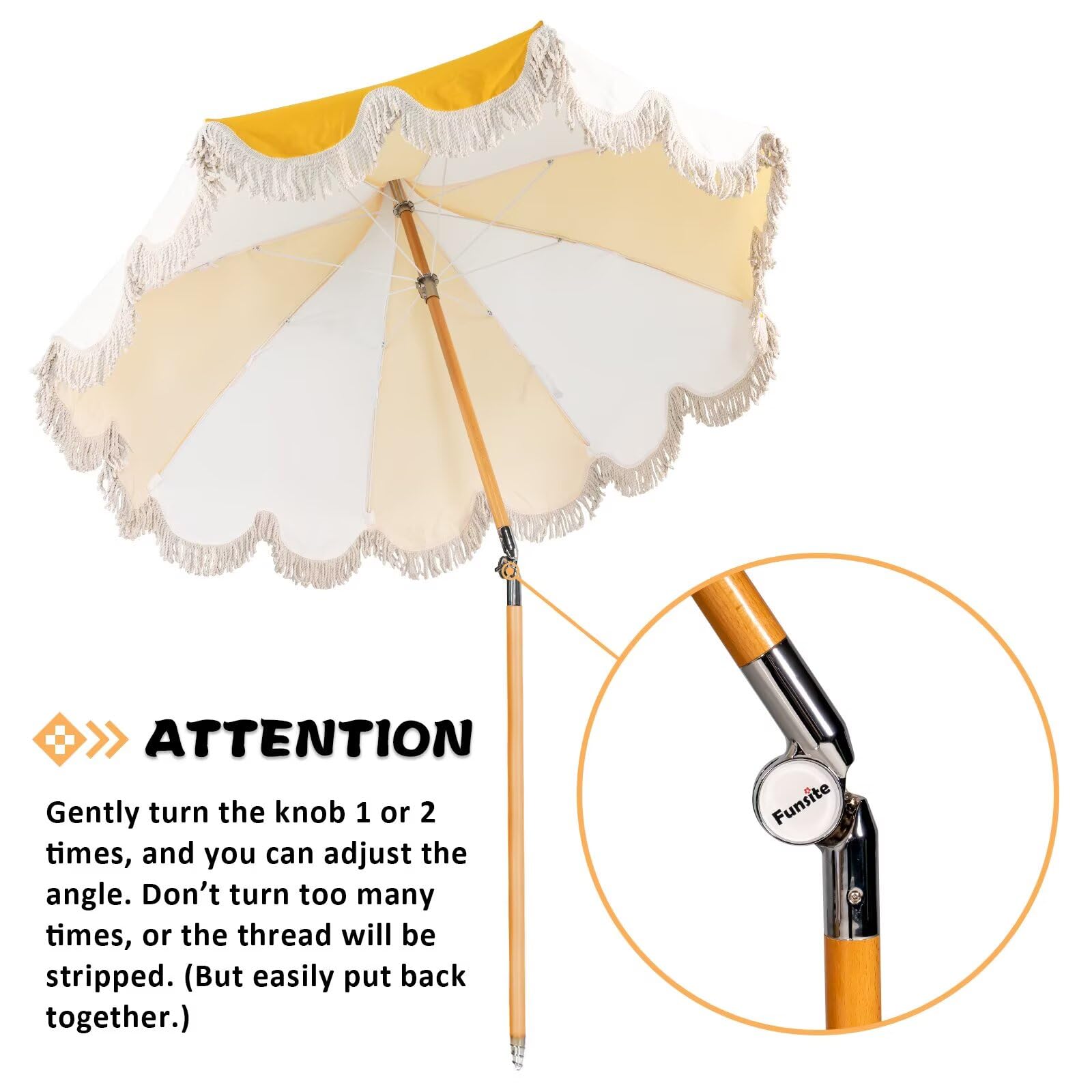 6.5ft Pagoda Beach Umbrella with Fringe, UPF 50+ Boho Umbrellas with Carry Bag, Premium Wood Pole Foldable Tassel Umbrella for Outdoor Garden Lawn Pool Yard Table