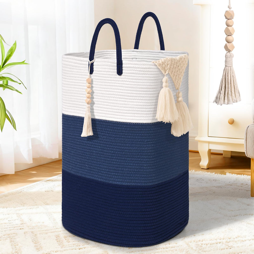 Woven Laundry Basket for Clothes, 50L Large Rectangle Laundry Hampers with Beads Tassel, Nursery Storage Basket for Toys, Tall Dirty Clothes Hamper for Bedroom Aesthetic, Laundry Room Organization