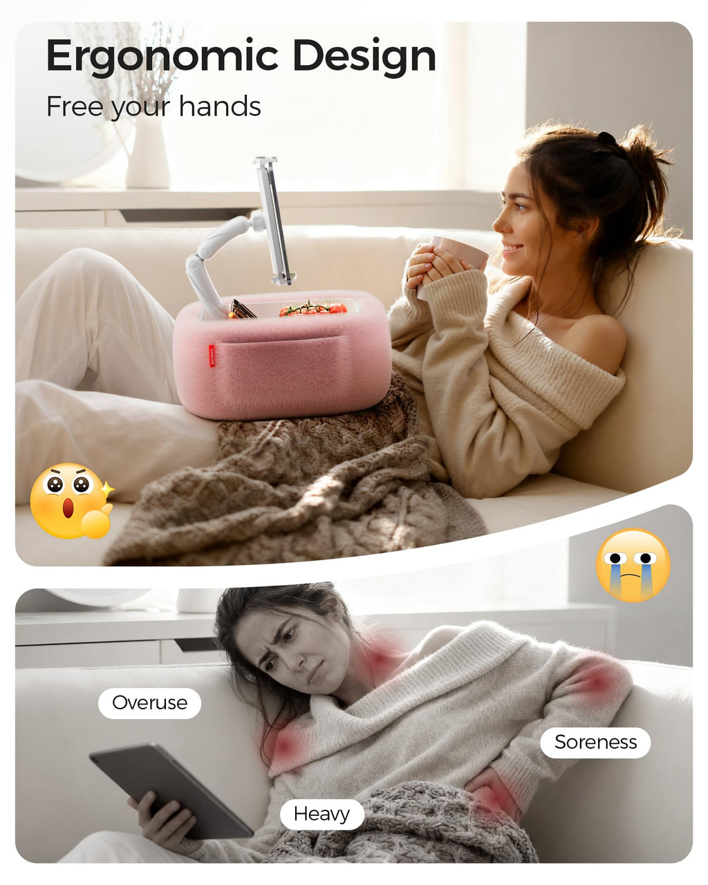 LULULOOK Tablet Pillow Stand, Compatible with iPad, iPhone and 4.7-14.6”Tablet, 360° Adjustable Kindle Pillow Stand for Bed with Ultra Fluffy Fabric & Snack Bowl (Cloudy White)