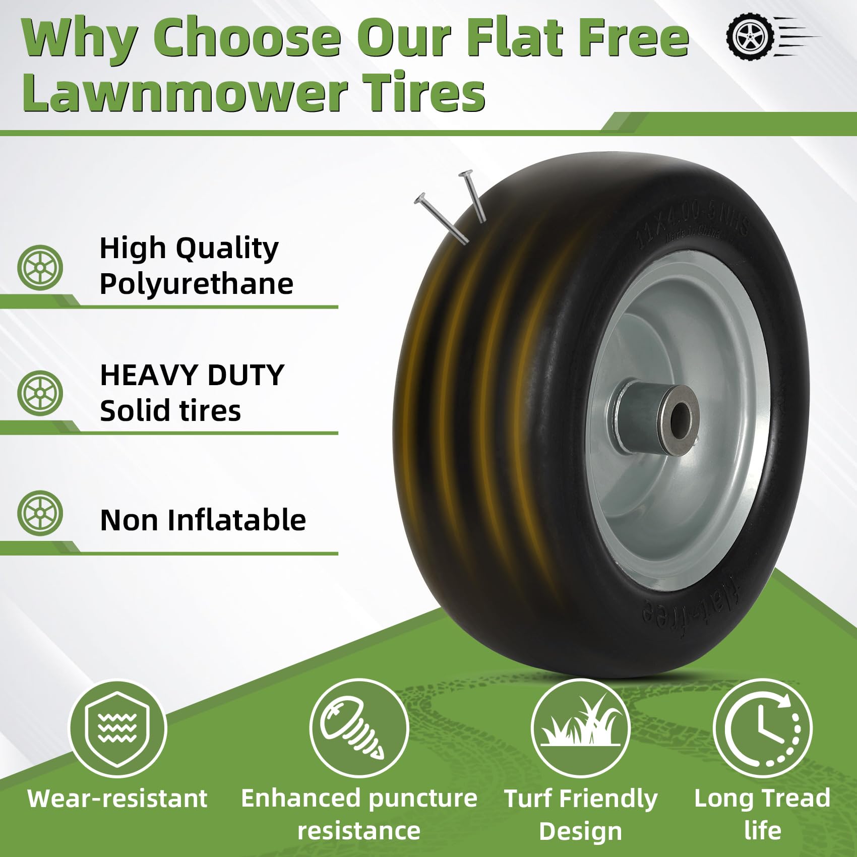 2 PCS 11x4.00-5" Lawn Mower Tires Flat Free,3/4" 5/8" 1/2" Bushing,3.4"-4"-4.5"-5" Centered Hub,Universal Fit Smooth Tread Tire for Zero Turn Lawn Mowers, with Universal Adapter Kit(Blcak Rim)
