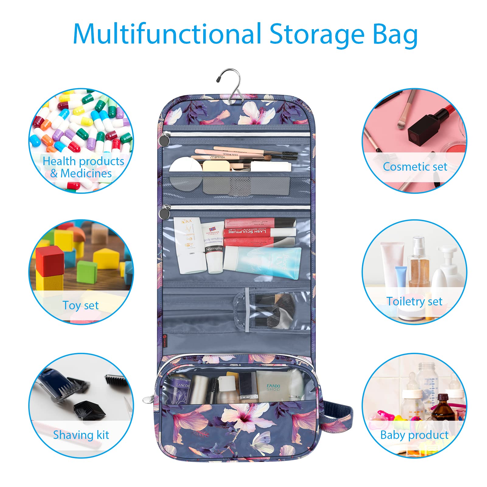 FINTIE Portable Toiletry Cosmetic Travel Bag, Large Water Resistant Hanging Makeup Organizer Storage Pouch Case for Women Girls (Blooming Hibiscus)