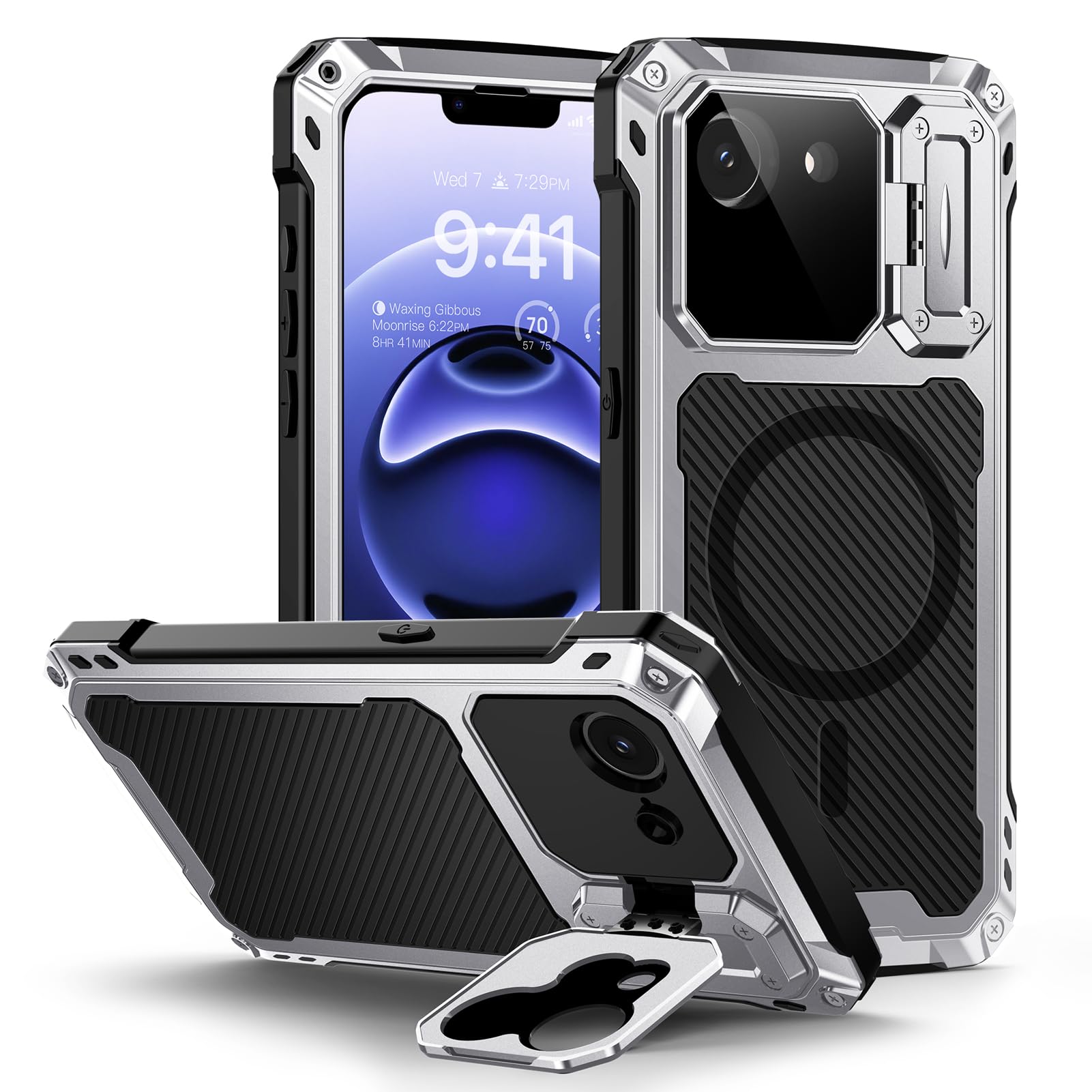 Lanhiem for iPhone 16 Metal Case with Camera Cover & Stand [Compatible with MagSafe] [Built-in Kickstand] [Military-Grade Protection] Heavy Duty Rugged Magnetic Phone Case, Black