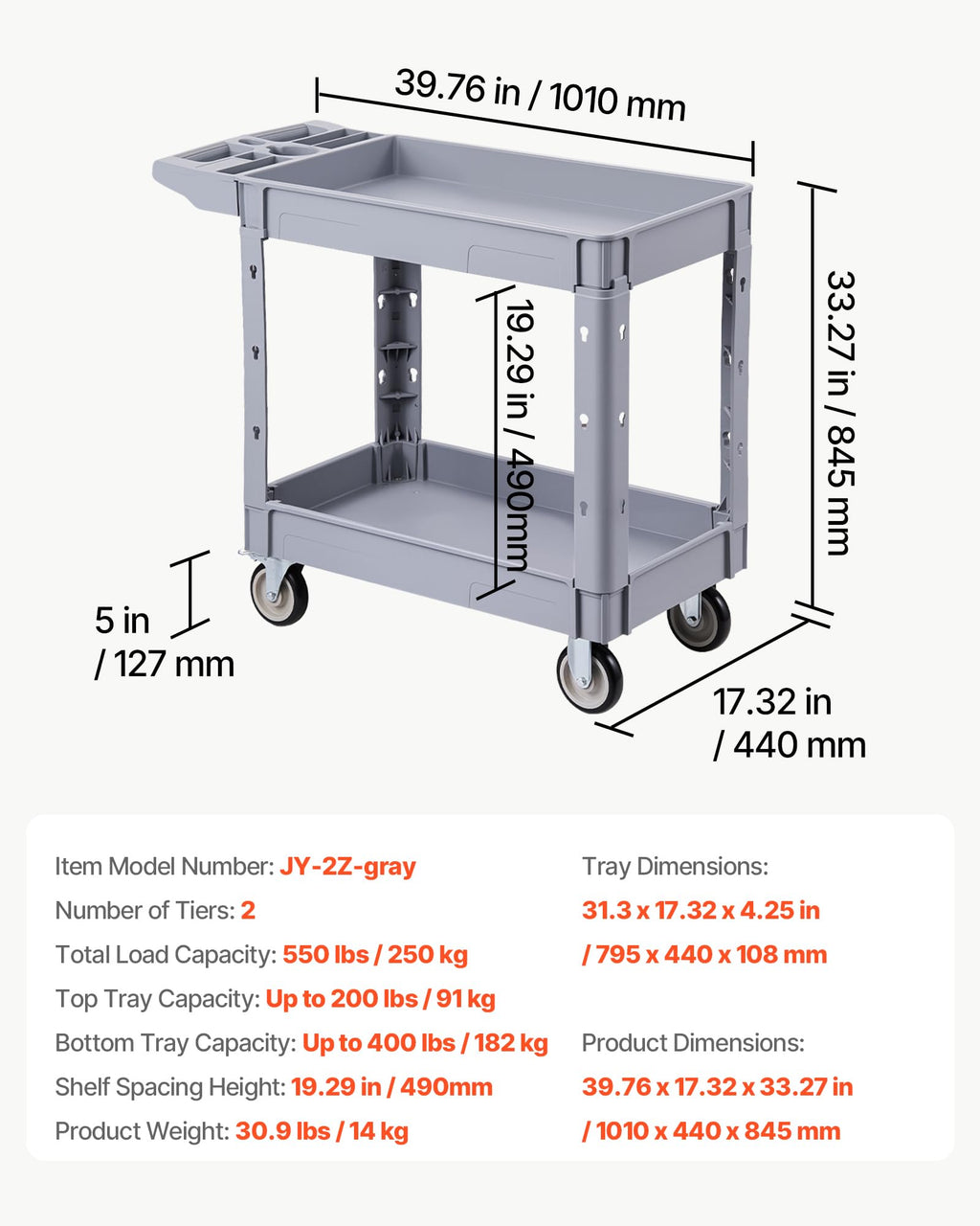 VEVOR Utility Service Cart, 2 Shelf 550LBS Heavy Duty Plastic Rolling Utility Cart, Medium Lipped Shelf, 360° Swivel Wheels, Ergonomic Storage Handle for Warehouse Garage, Black | Heavy Duty Rolling Cart with 360° Swivel Wheels, Medium Lipped Shelf, Ergon