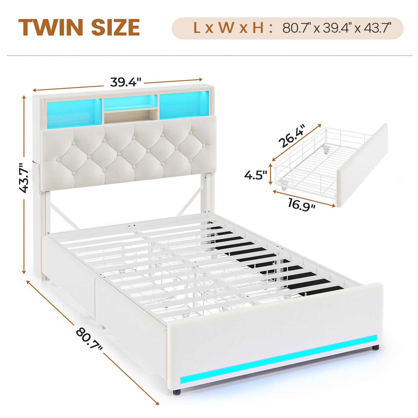 BTHFST Twin Bed Frames with Headboard & 4 Drawers, LED Bed Frame Twin with Charging Station, Upholstered and Metal Twin Bed with Storage, No Box Spring Needed, Black PU