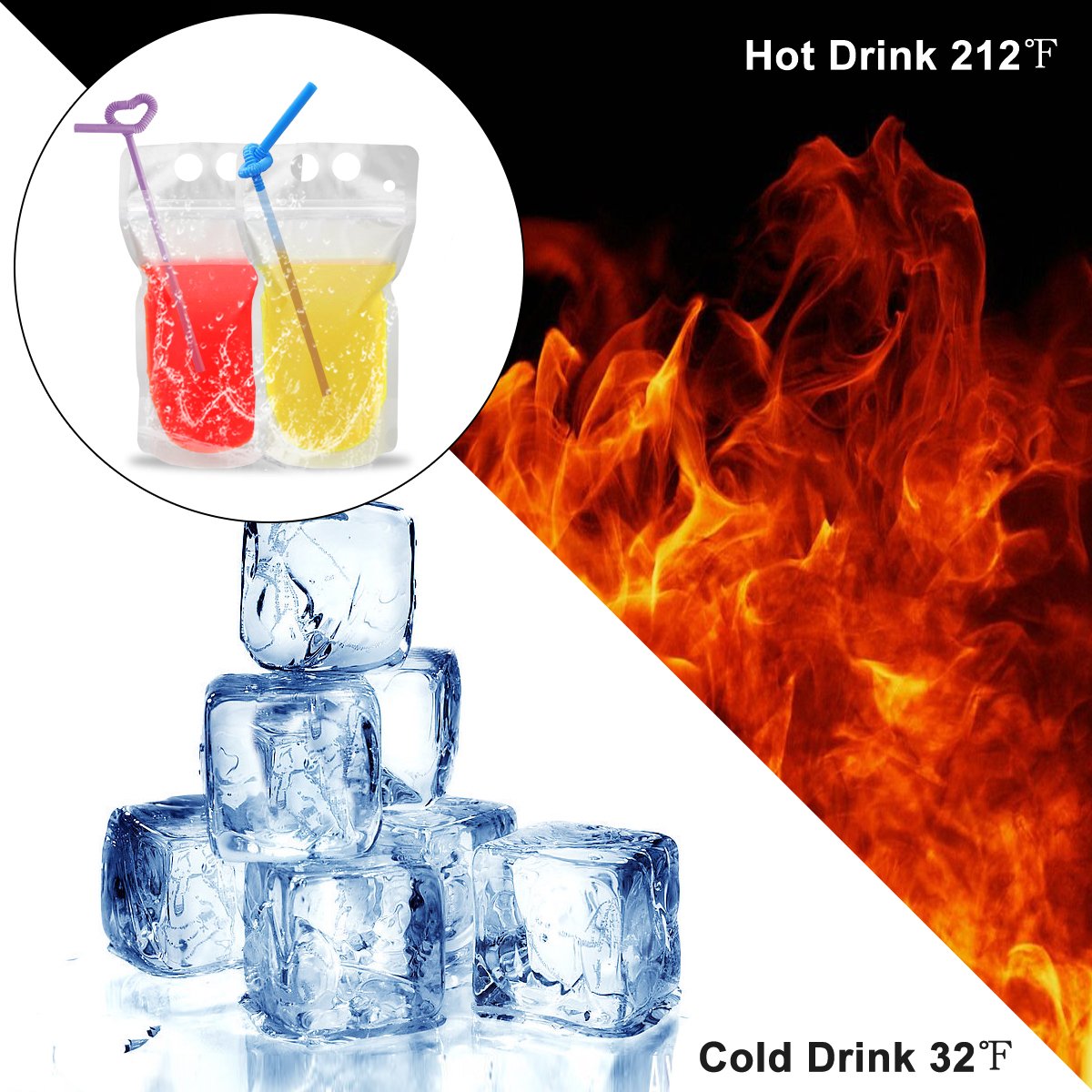 100 Pcs Drink Pouches with 100 Straw Holes, Freezable Juice Pouches, Translucent Reclosable Zipper Plastic Pouche Drink Bags for Cold & Hot Drinks for Adults and Kids World Cup Party