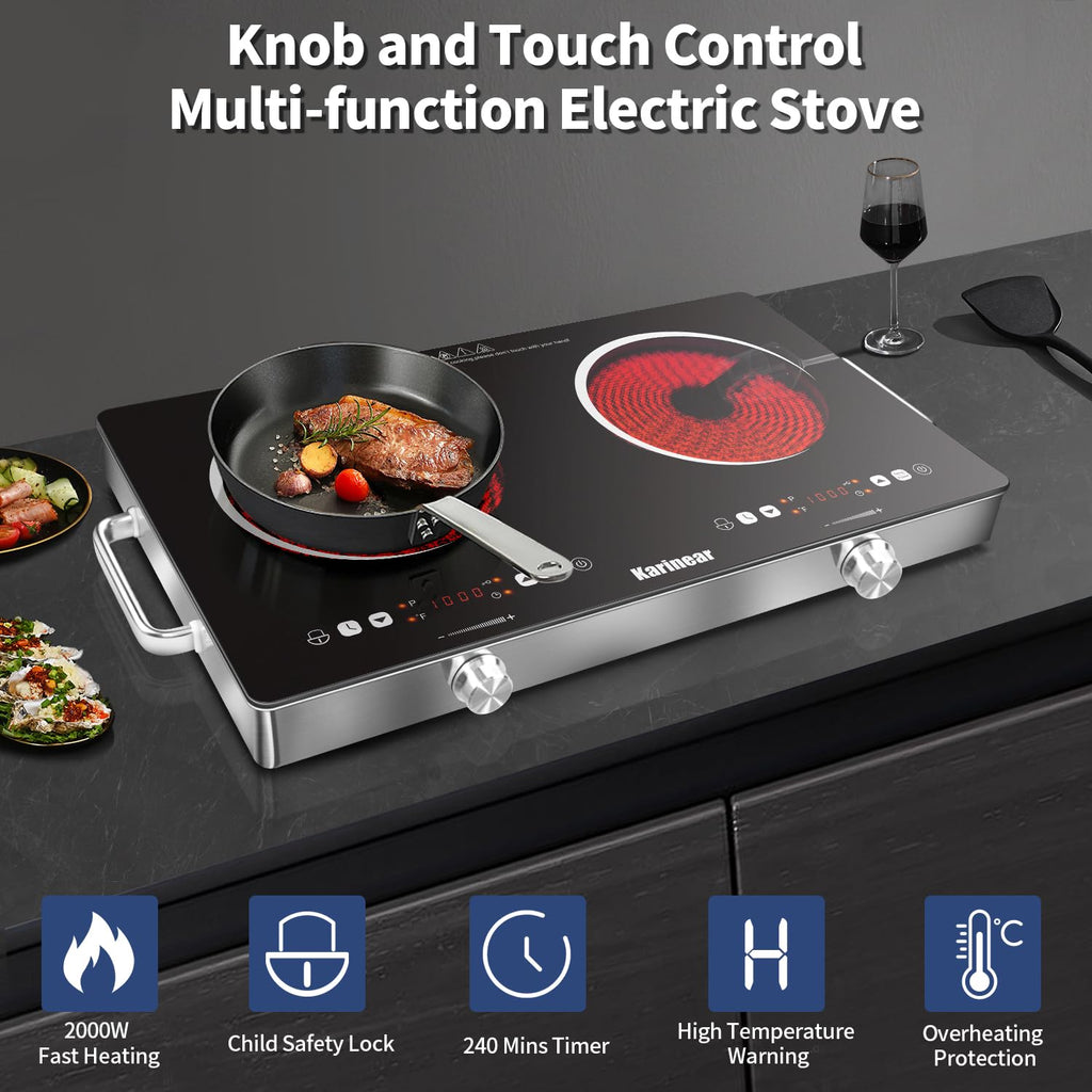 Karinear Portable Electric Stove 110V, 1800W Electric Hot Plate with Handle, Knob Control Single Burner Electri Cooktop, Ceramic Infrared Countertop Burner, Timer, Safety Lock(Green)