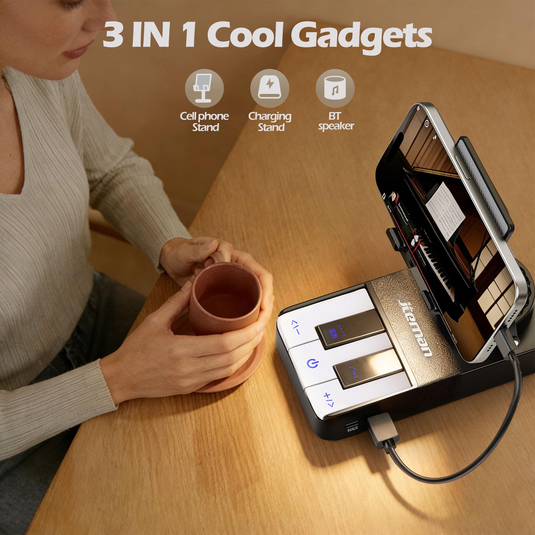 JTEMAN Cell Phone Stand with Bluetooth Speaker and Charging Stand,Piano Keys Design,Music Lovers & Teacher Gifts,Birthday Gifts for Men Women Dad Mom,Cool Tech Gadgets-Black