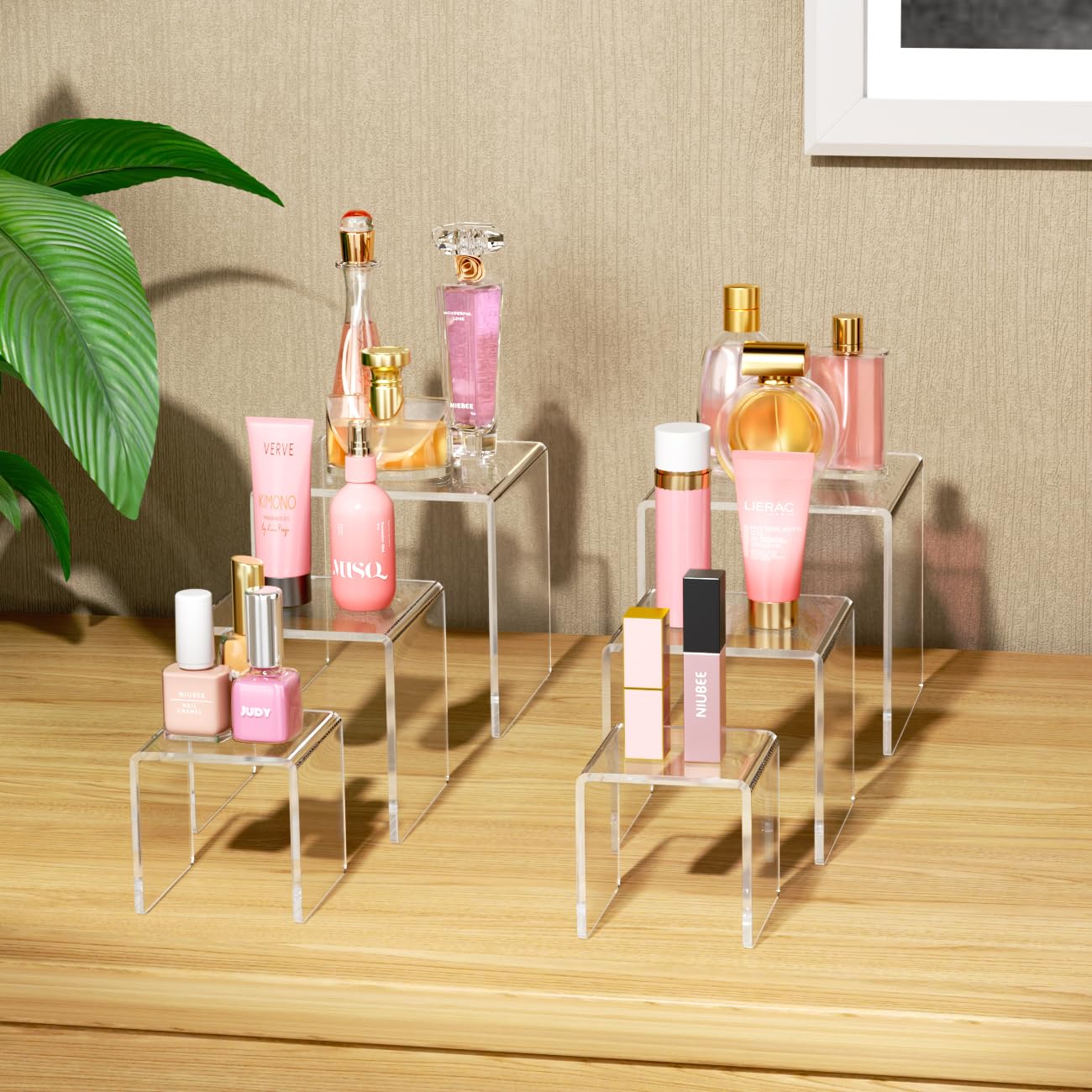 NIUBEE Acrylic Display Risers Stand 2 Sets,3 Steps Clear Riser Shelf Showcase for Amiibo Funko POP Figures -3"x3"x4"