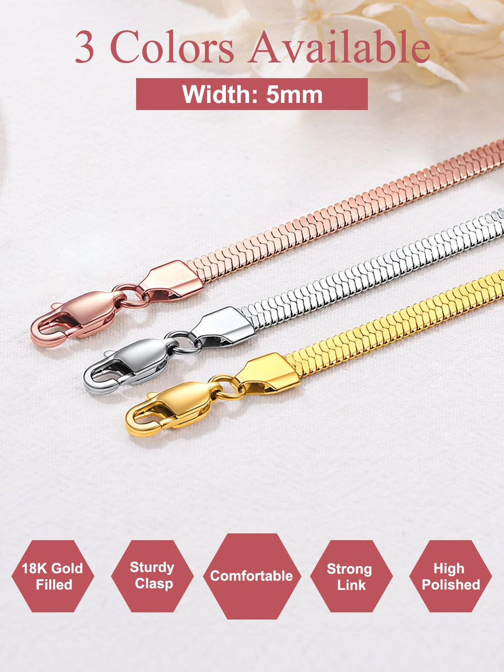 FOCALOOK 14K Gold Plated Necklaces for Women, Fashion Herringbone Choker Necklace Stainless Steel Flat Snake Chain 3/5MM(W) 12.5"/15"/18"+3.5"(L)