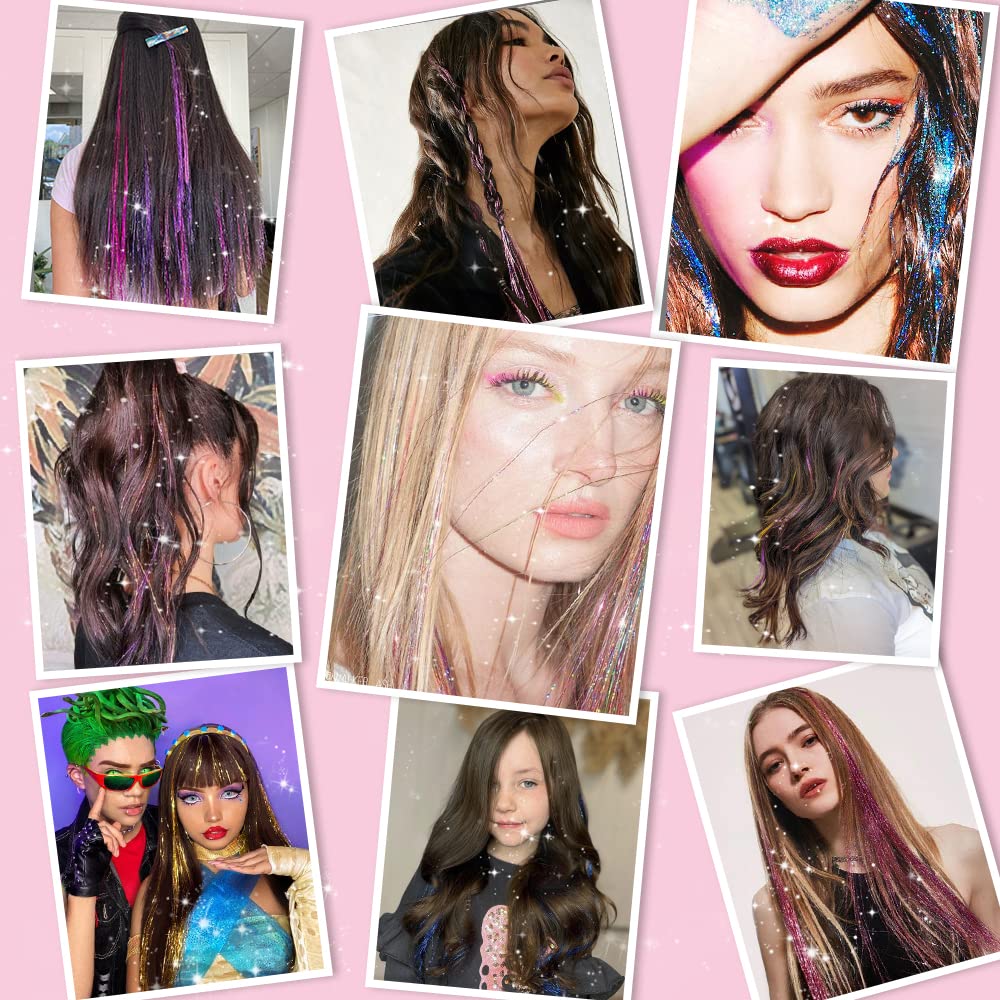 Clip in Hair Tinsel, Pack of 12 Pcs 20 Inch,Glitter Tinsel Hair Extensions, Festival Tinsel Fairy Hair Extension Party Dazzle Hair Accessories Strands Kit for Women Girls(12Pcs,Black#)