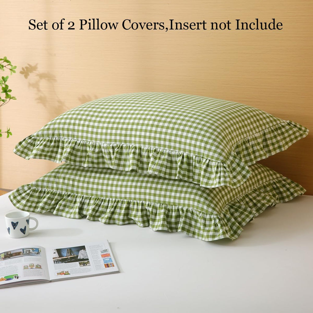 Silnuo Green/White Plaid Ruffled Queen Size Pillow Shams Set of 2,Washed Cotton Shabby Checkered Gingham Farmhouse Bed Pillow Covers 20"x30"