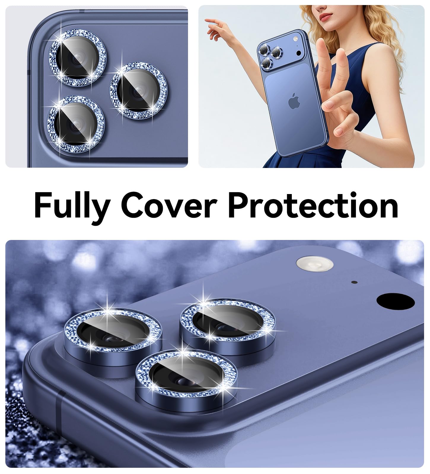 Matekxy Glitter Camera-Lens Protector for iPhone-16 Pro-Max - 16 Pro Anti-Scratch Tempered Glass with Aluminum Edging, Cute Girly Metal Individual Bling Ring Cover for Women, Black Titanium