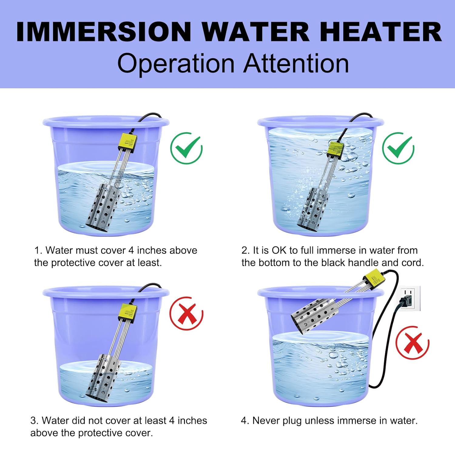1500W Bucket Heater, Rust Proof Built in Temperature Controller Immersion Water Heater, Heats 5 Gallons of Water in Minutes with Auto Shutoff, for Home Outdoor Camping and Winter Job