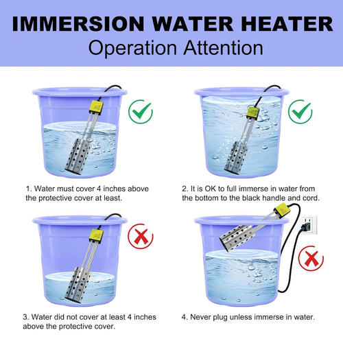 1500W Bucket Heater, Rust Proof Built in Temperature Controller Immersion Water Heater, Heats 5 Gallons of Water in Minutes with Auto Shutoff, for Home Outdoor Camping and Winter Job