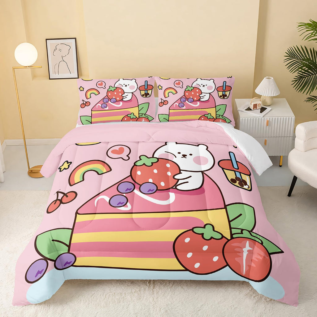 QOOMO Floral Cat Comforter Twin Size,Pink Cat Bedding Set for Kids Teens Girls,3Pcs Bedding Set Printed Comforter with 2 Pillowcases,Down Alternative,Soft and Lightweight(Pink，Twin Size)