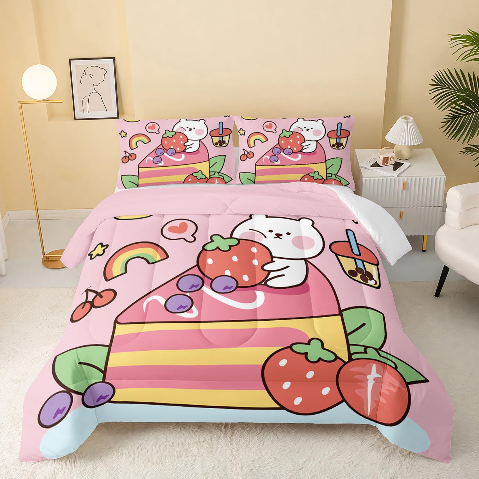 QOOMO Floral Cat Comforter Twin Size,Pink Cat Bedding Set for Kids Teens Girls,3Pcs Bedding Set Printed Comforter with 2 Pillowcases,Down Alternative,Soft and Lightweight(Pink，Twin Size)