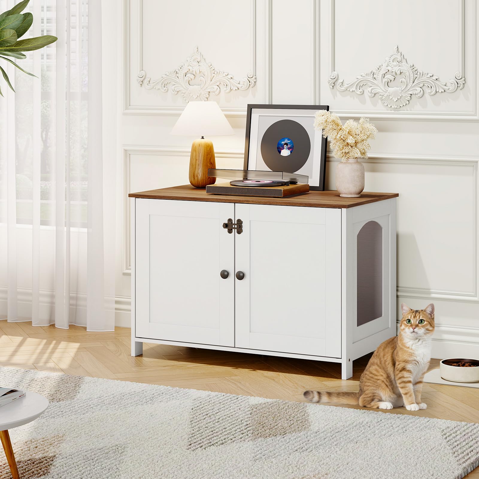 HOOBRO Litter Box Enclosure, Cat Litter Box Furniture with Removable Divider, Large Hidden Litter Box Furniture, Wooden Cat House, End Side Table, 31" L x 17.5" W x 19.7" H, Greige BG03MW01G2