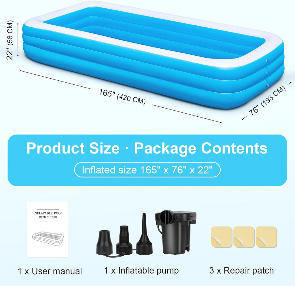 Large Inflatable Pool with Pump - 165'' x 76'' x 22'' Oversized Thickened Blow Up Pool for Adults, Family Swimming Pool for Backyard, Garden and Outdoor Fun