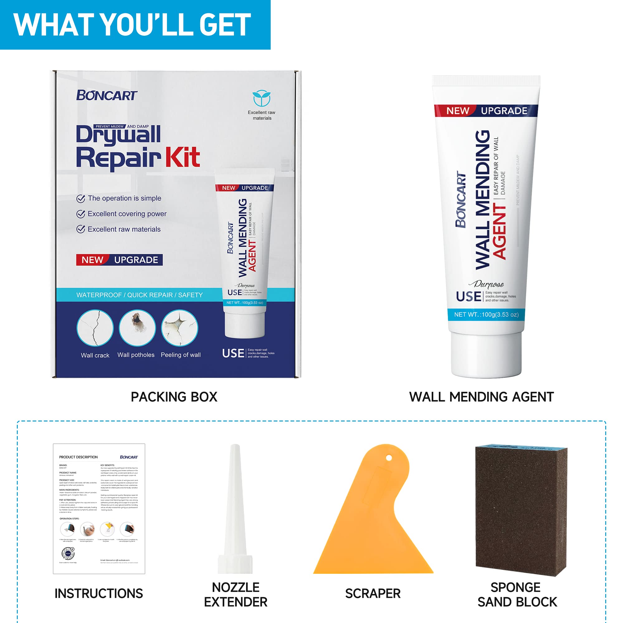 BONCART Spackle Wall Repair Kit,Drywall Repair kit,Wall Mending Agent Putty with Scraper,Plaster Wall Repair Paste for Wall Crack/Nail Hole/Graffiti,Wall Surface
