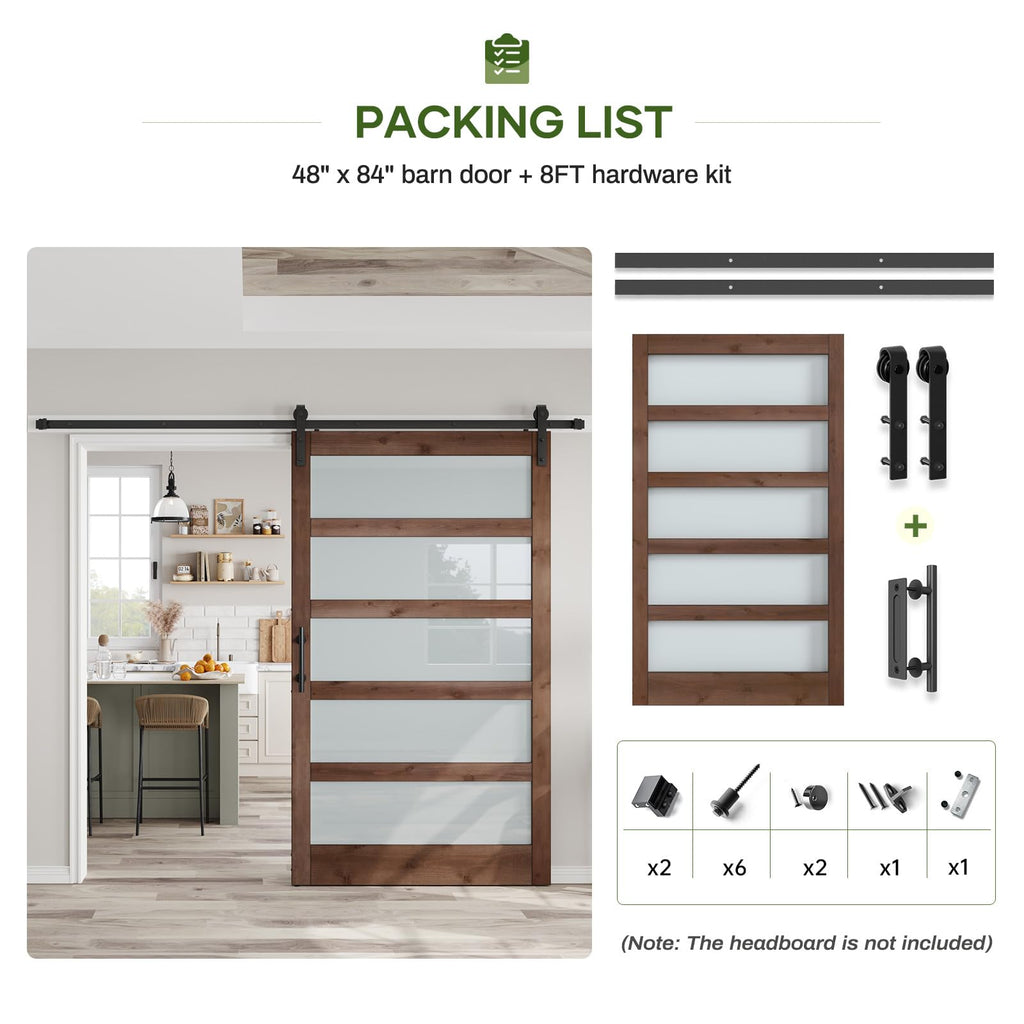 Double 18×84 inch Glass Sliding Barn Door Slab with 6.6ft Hardware Kit Included, 5-Panel Frosted Glass, Spruce Wood Support DIY Dyeing, Easy Assembly