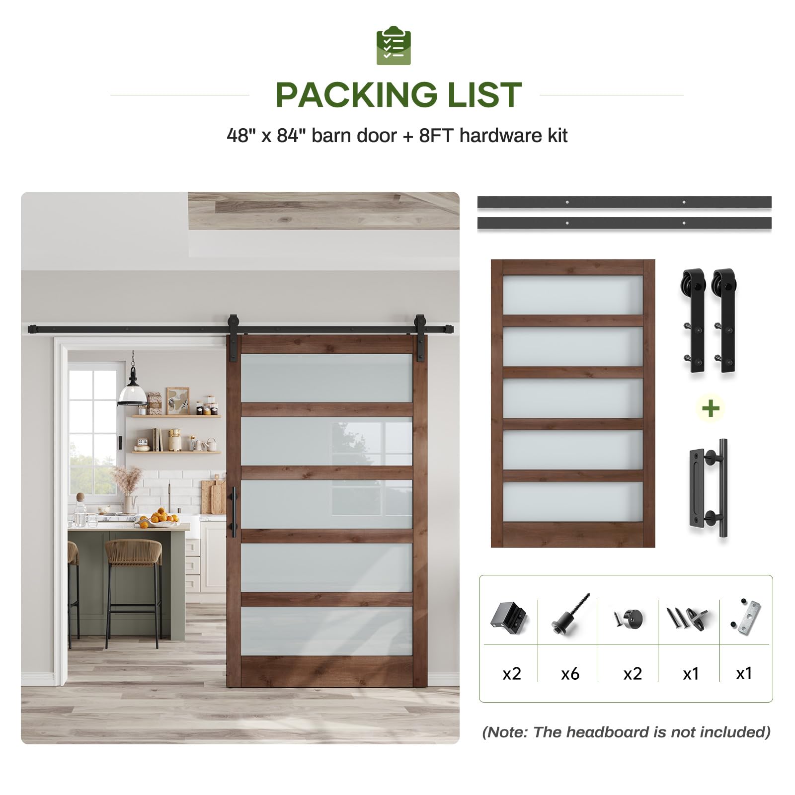 Double 18×84 inch Glass Sliding Barn Door Slab with 6.6ft Hardware Kit Included, 5-Panel Frosted Glass, Spruce Wood Support DIY Dyeing, Easy Assembly