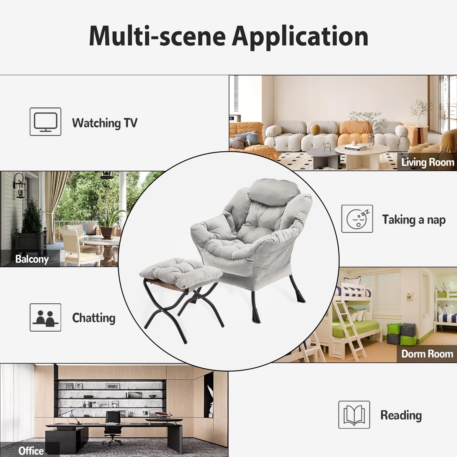 Youtanic Lazy Chair with Folding Ottoman, Accent Chair Velvet Upholstered with Metal Structure and Non-Slip Pads, Sofa Armchair with Footrest and Side Storage Bag for Dorm, Room, Office, Beige