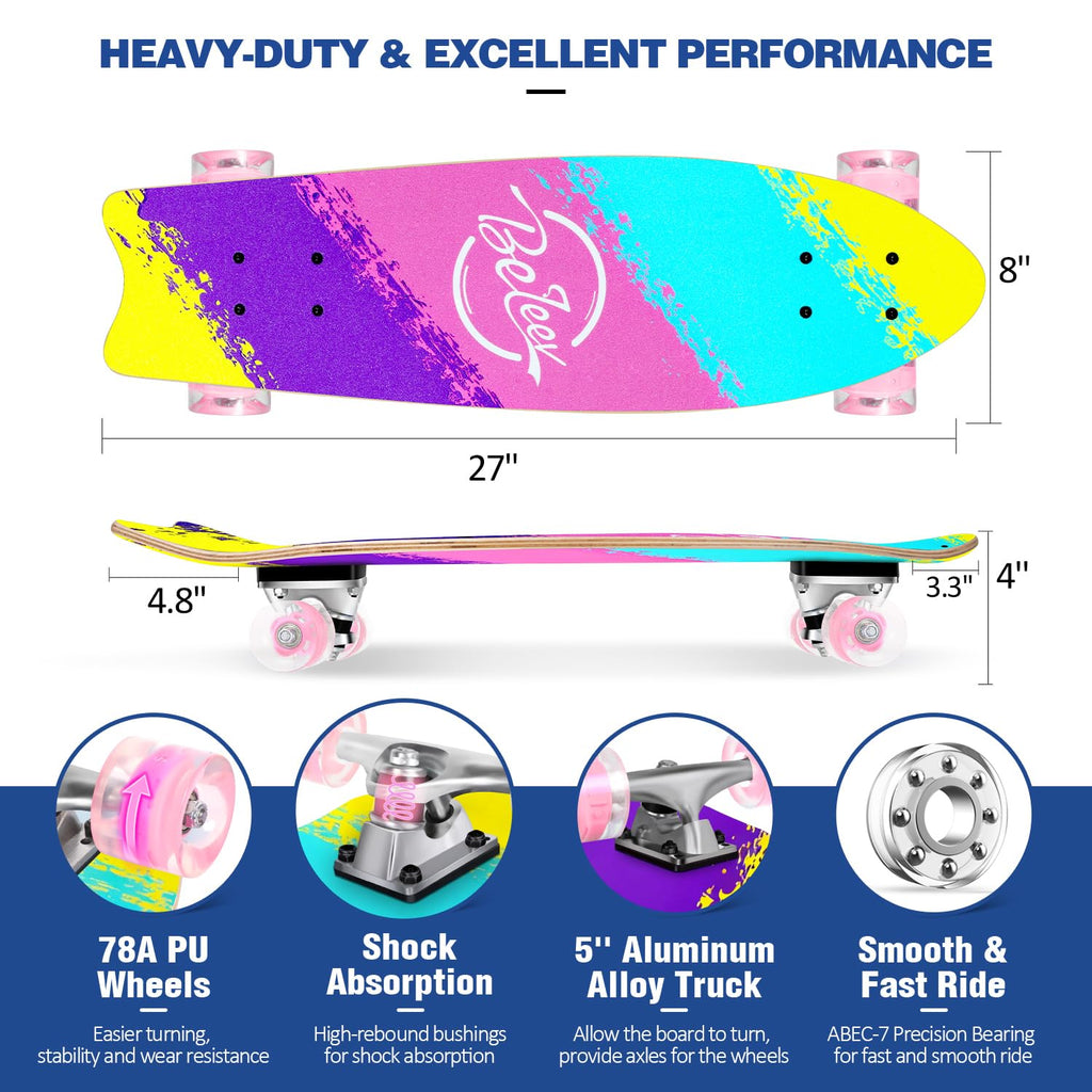 BELEEV Cruiser Skateboards for Beginners, 27 x 8 inch Complete Skateboard for Kids Teens Adults, 7 Ply Canadian Maple Double Kick Deck Concave Skateboard with Skate T-Tool