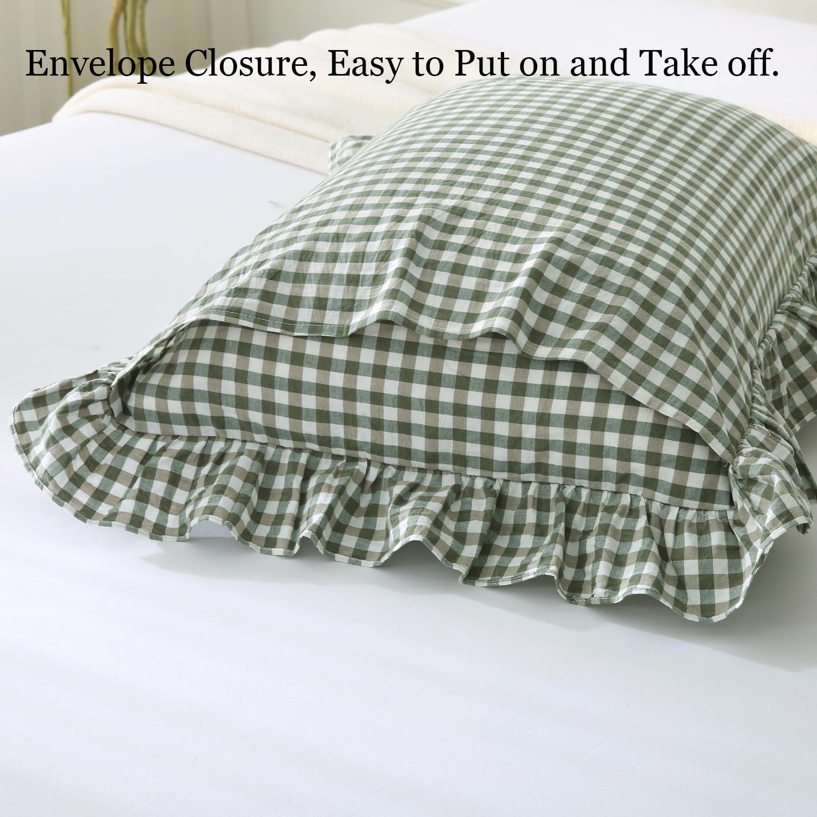 Silnuo Green/White Plaid Ruffled Queen Size Pillow Shams Set of 2,Washed Cotton Shabby Checkered Gingham Farmhouse Bed Pillow Covers 20"x30"