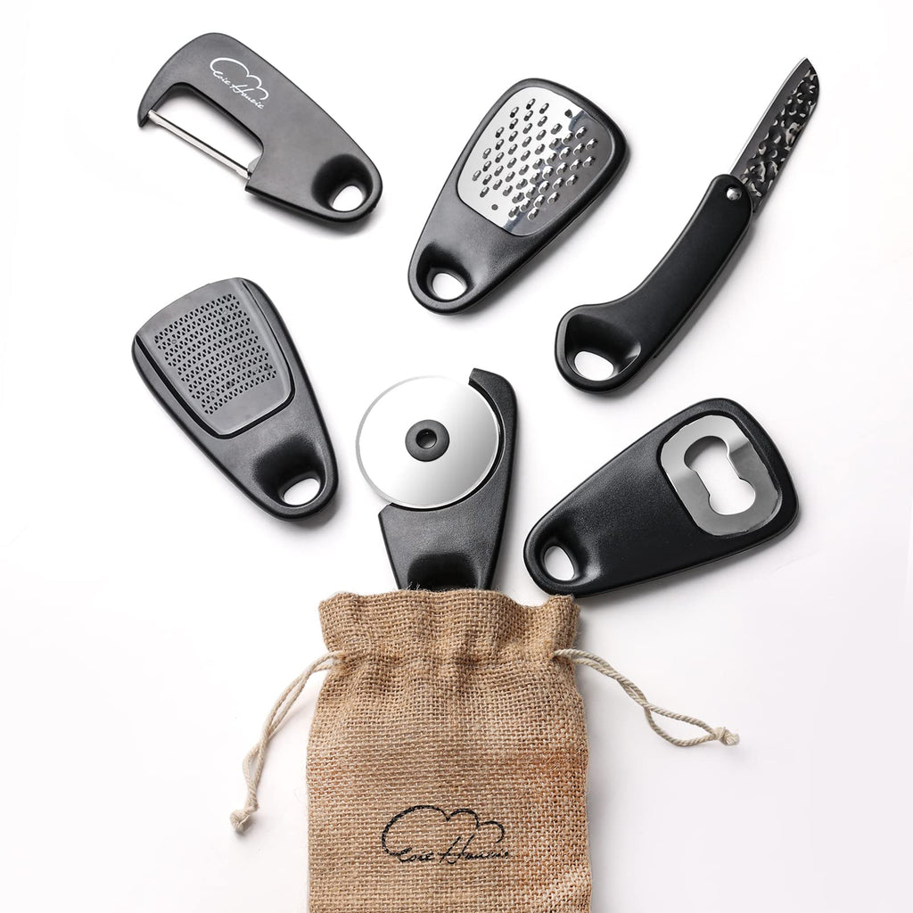 5 Pieces Kitchen Gadgets Set - Space Saving Cooking Tools Accessories Cheese Chocolate Grater, Fruit Vegetable Peeler, Bottle Opener, Pizza Cutter, Burlap Bags with Drawstring Gift Set