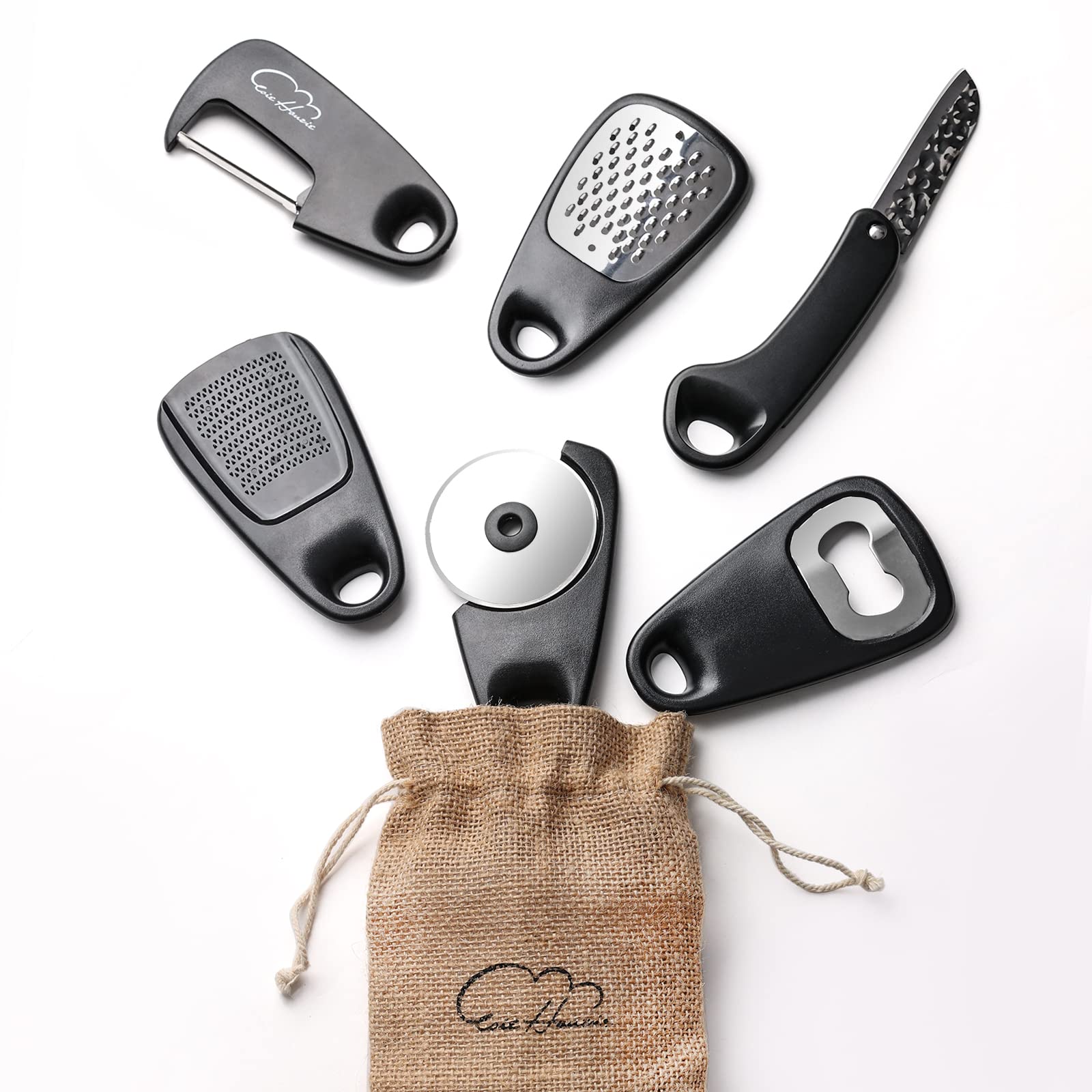 5 Pieces Kitchen Gadgets Set - Space Saving Cooking Tools Accessories Cheese Chocolate Grater, Fruit Vegetable Peeler, Bottle Opener, Pizza Cutter, Burlap Bags with Drawstring Gift Set