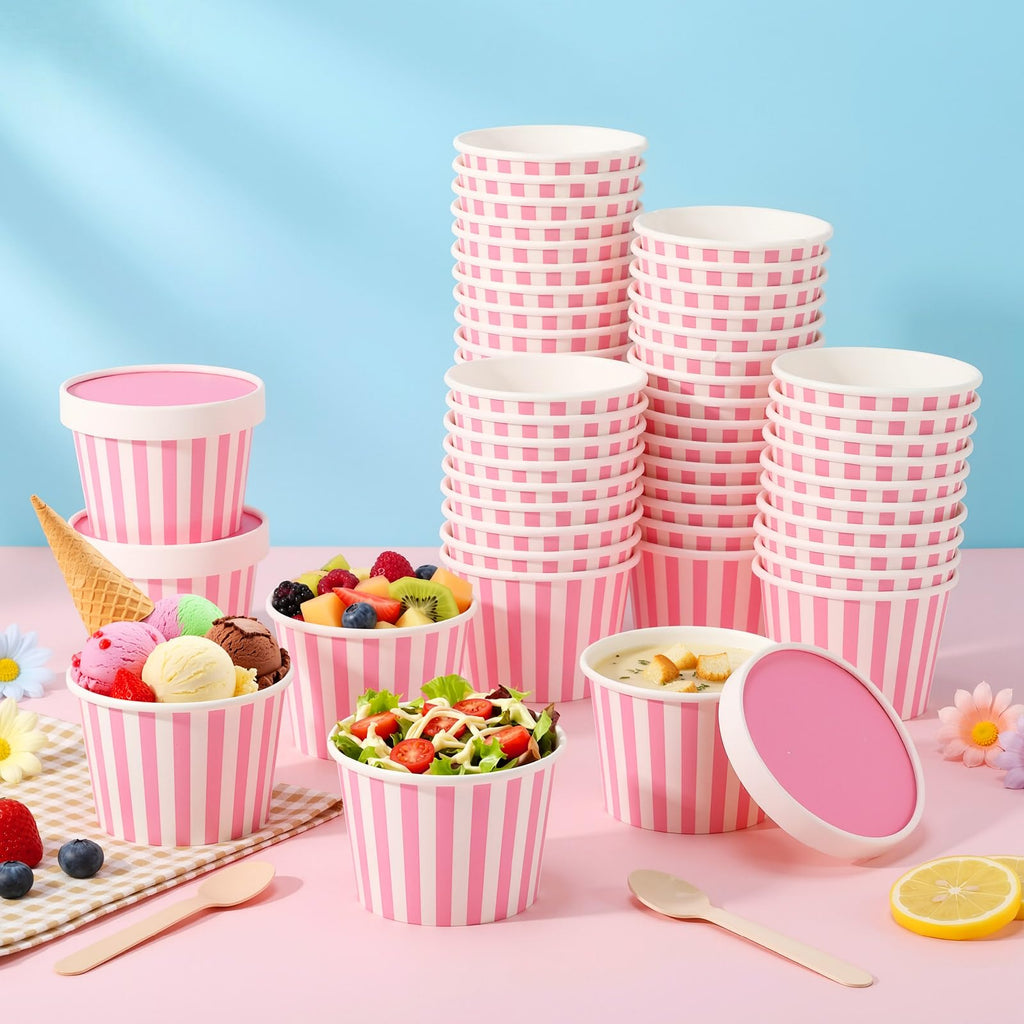 Fulmoon 100 Pack Paper Soup Containers with Lids Disposable Paper Food Containers with Vented Lid Kraft Ice Cream Cake Dessert Cups Soup Bowl for Party Hot Food Fruit Microwave(4 oz,Brown)
