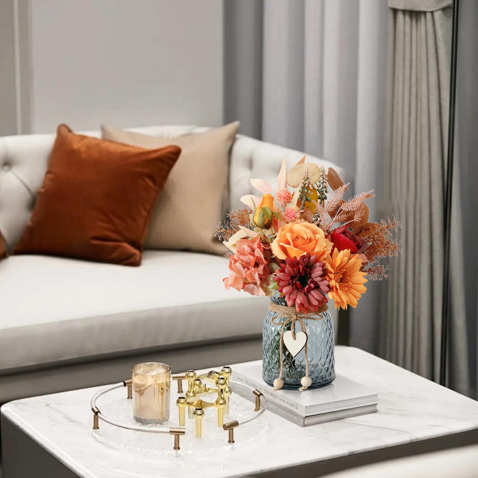 Leftover Fake Flowers in Vase,Faux Flowers in Vase,Table Centerpieces for Dining Room,Flower Centerpieces for Tables,Artificial Flowers,Kitchen Decor,Coffee Table Decor