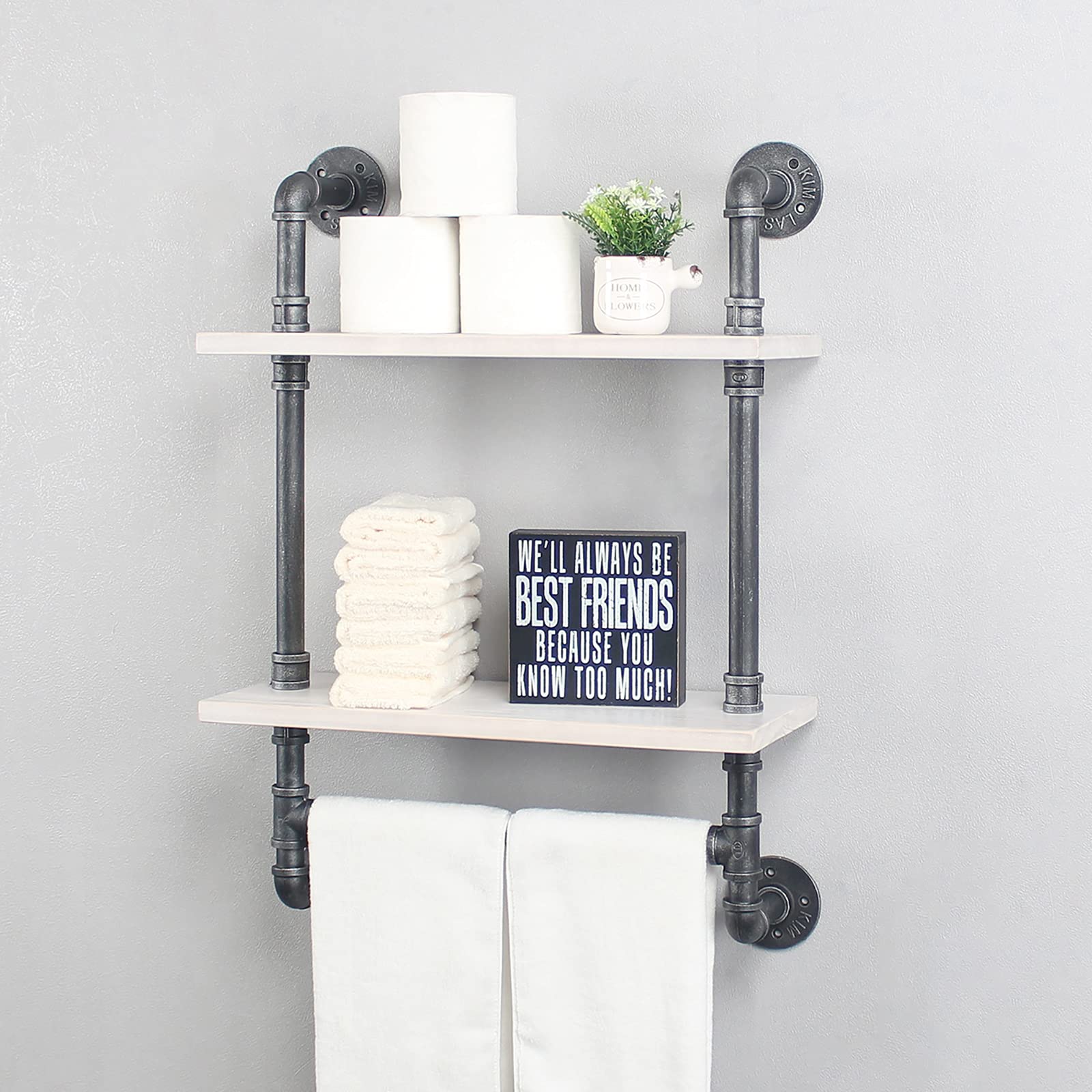MBQQ Industrial Pipe Shelf Bathroom Shelves Wall Mounted,19.6in Rustic Wood Shelf with Towel Bar,1 Tier Farmhouse Towel Rack,Pipe Shelving Floating Shelves Towel Holder,Black & White