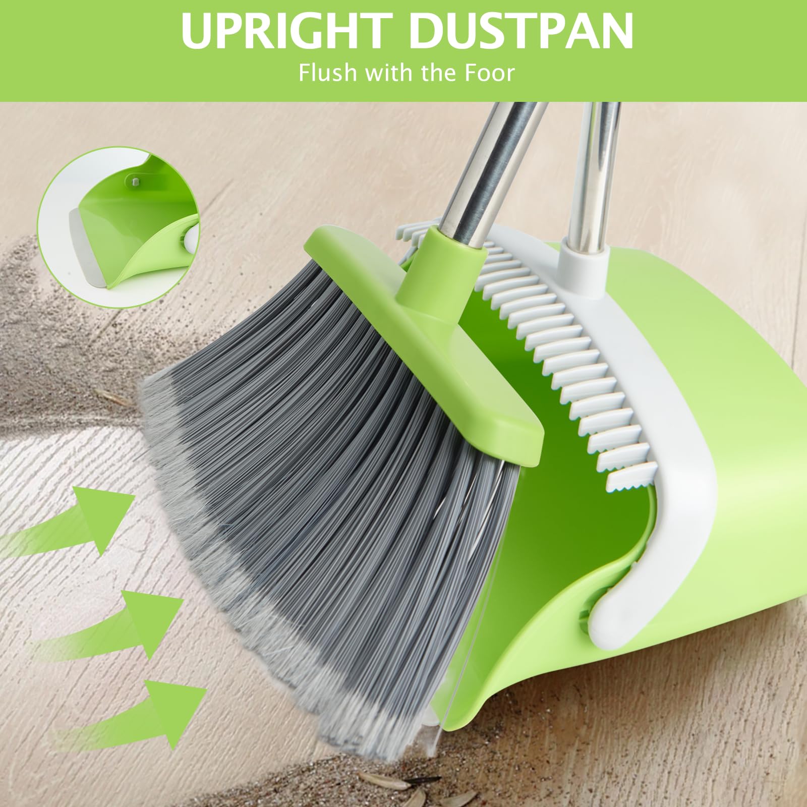 Broom and Dustpan Set with Long Handle, Heavy Dust Broom and Dustpan Combo for Home，Kitchen, Office, Pet Hair(Beige)