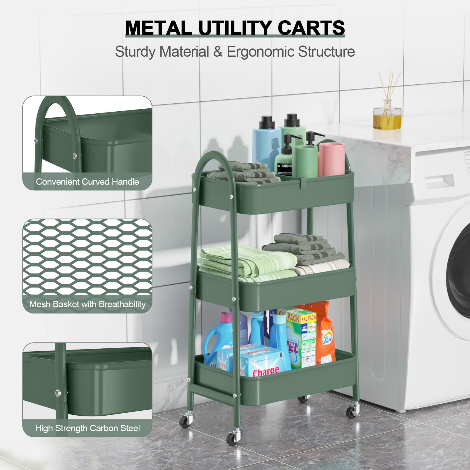EAGMAK 3 Tier Rolling Cart, Large Metal Storage Cart with Handle and Lockable Wheels, Big Multifunctional Storage Organizer Trolley with Mesh Baskets for Kitchen, Living Room, Office, Garage (Beige)