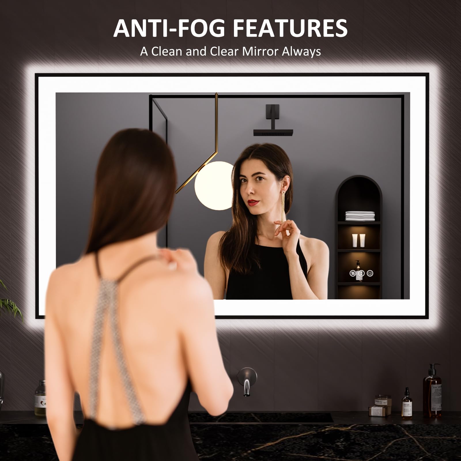 LOAAO 20"X28" LED Bathroom Mirror Black Framed | Anti-Fog, Dimmable, Memory Function, Tempered Glass, Lighted Vanity Mirror for Wall